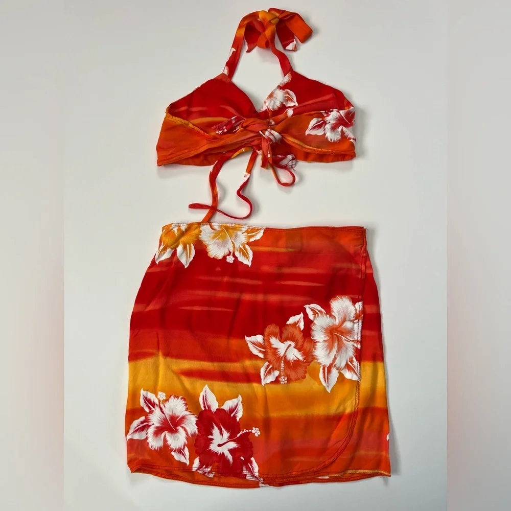 Vintage Hibiscus Collection Hawaii Halter Top & Wrap Mini Skirt Set